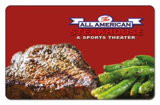 all american logo, steak and vegetables over red background